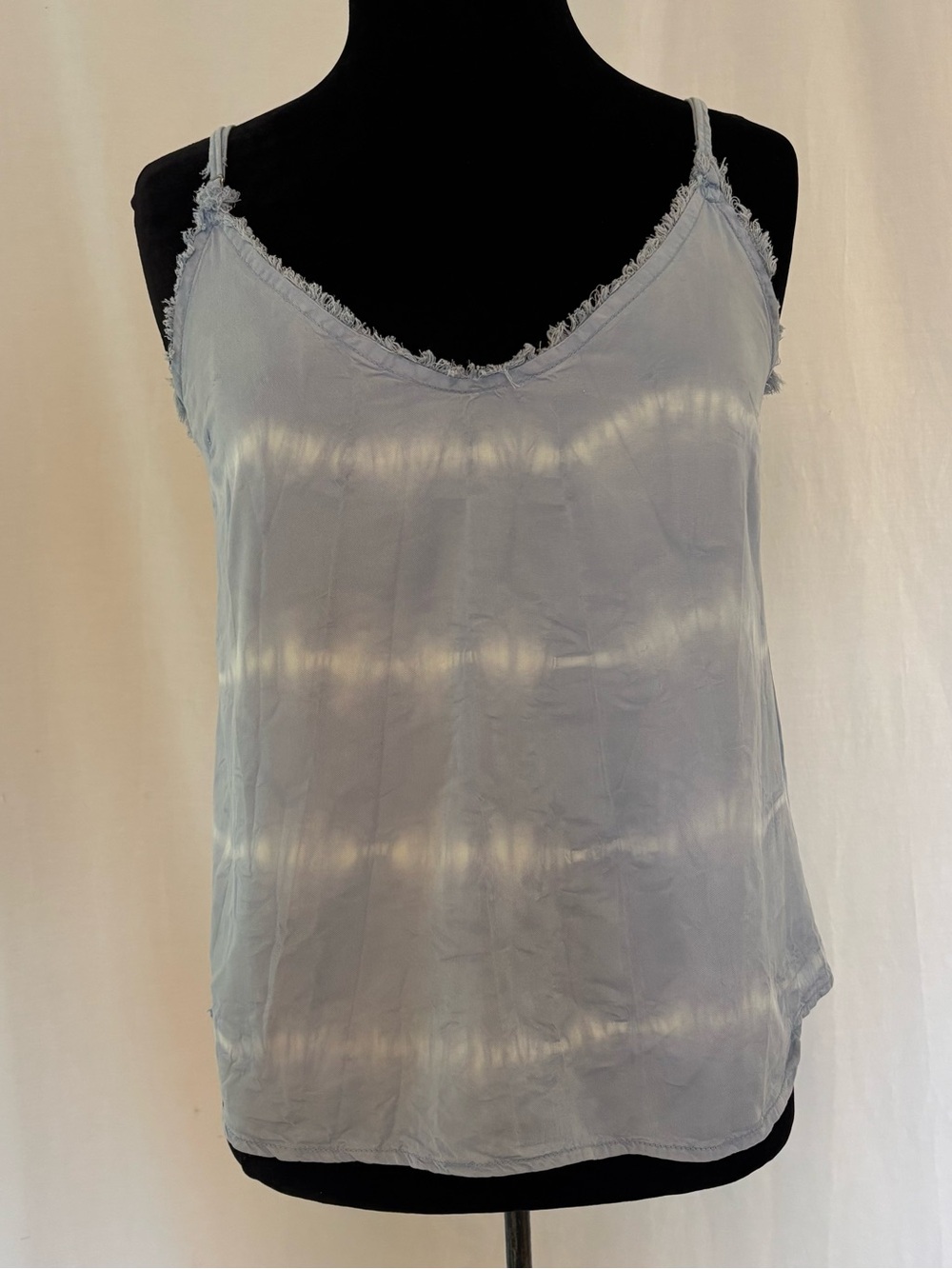 Dex Light Blue Tie Dye Tencel Cami Tank Frayed Trim Boho Coastal Cottagecore SM